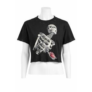 Skeleton Graphic Distressed Crop Tee Black Studded Punk Goth Grunge Shirt 2XL